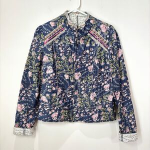 Free People Blue Meadow Floral Quilted Jacket L Beaded Boho Navy Beaded Cottage